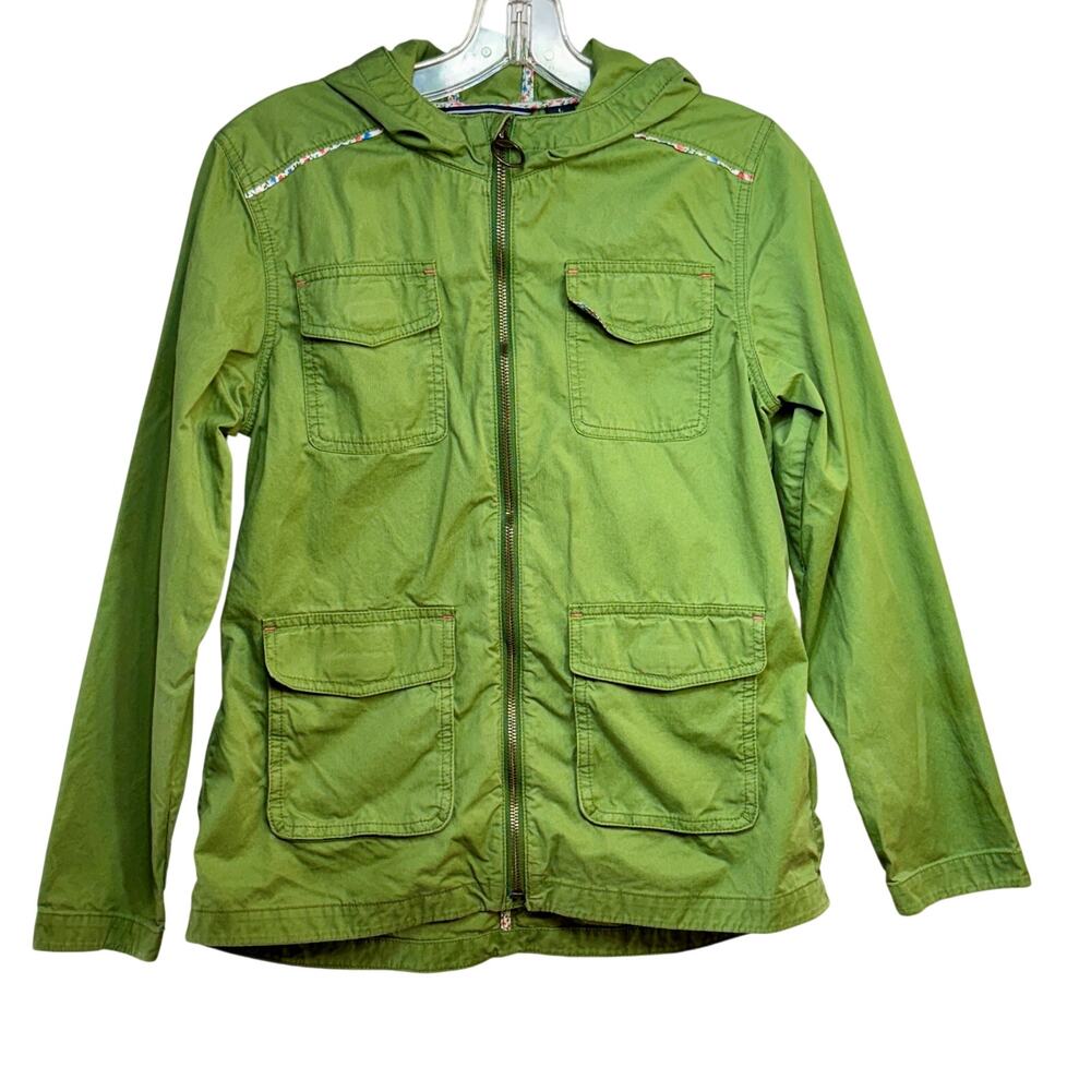 Lands' End Hooded Jacket Girls Large Size 14 Green Cotton Zip Up Unlined